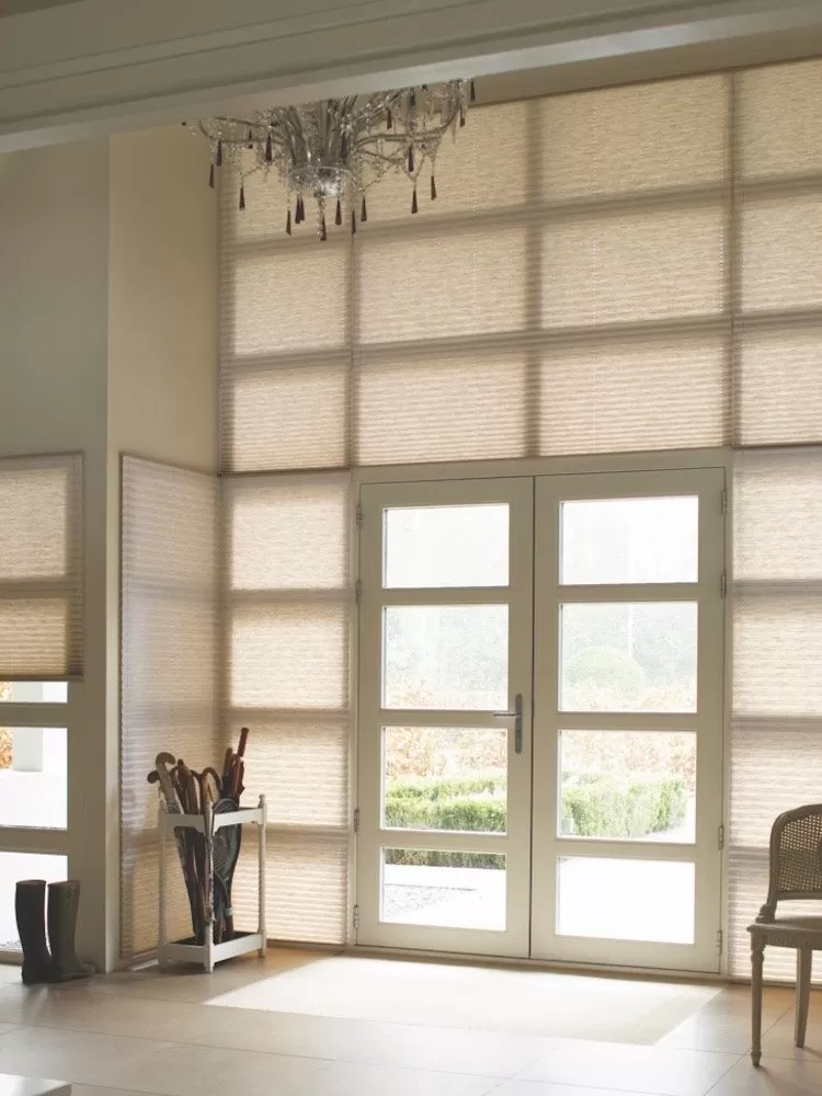 Motorized Hunter Douglas Pleated Shades, available at Brilliant Drapery Design in Los Angeles, CA